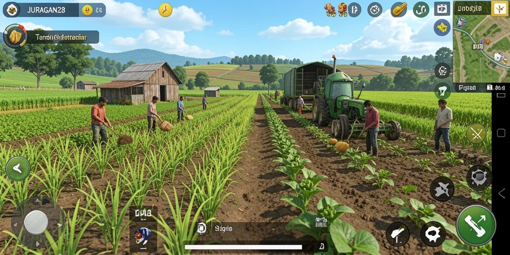 Tampilan gameplay JURAGAN28 dengan kebun yang indah dan interaksi hewan.