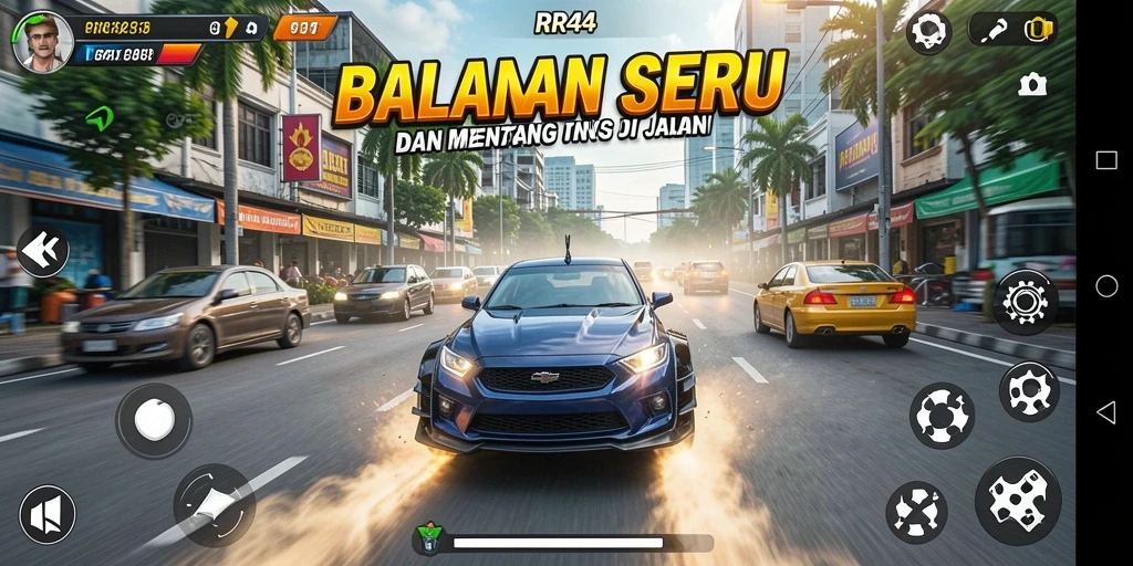 Screenshot utama gameplay RR44 menampilkan balapan mendebarkan di jalanan.