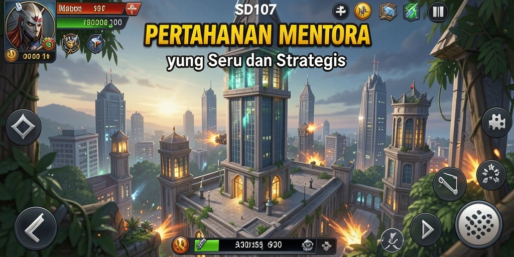 Screenshot gameplay SD107 menampilkan aksi pertahanan menara yang intens.