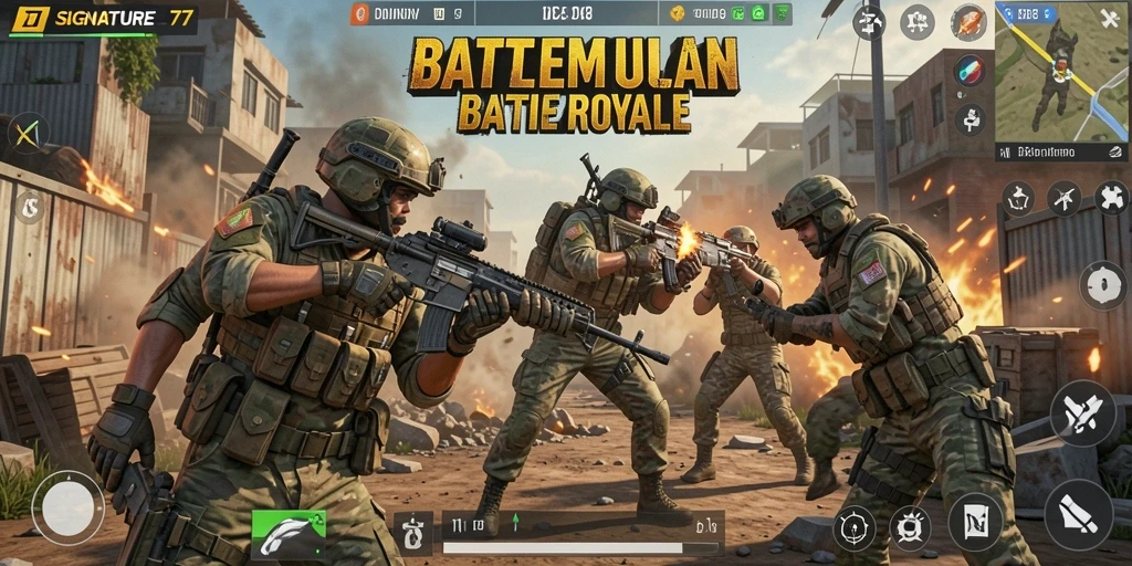 Screenshot SIGNATURE77 menampilkan pemain beraksi dalam pertarungan Battle Royale.