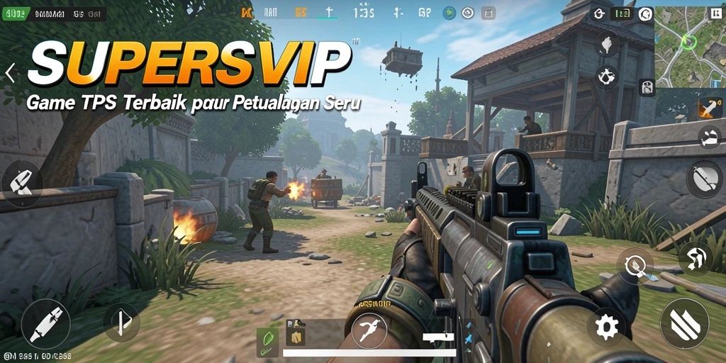 Screenshot gameplay SUPERSVIP menampilkan aksi intens di medan perang TPS.