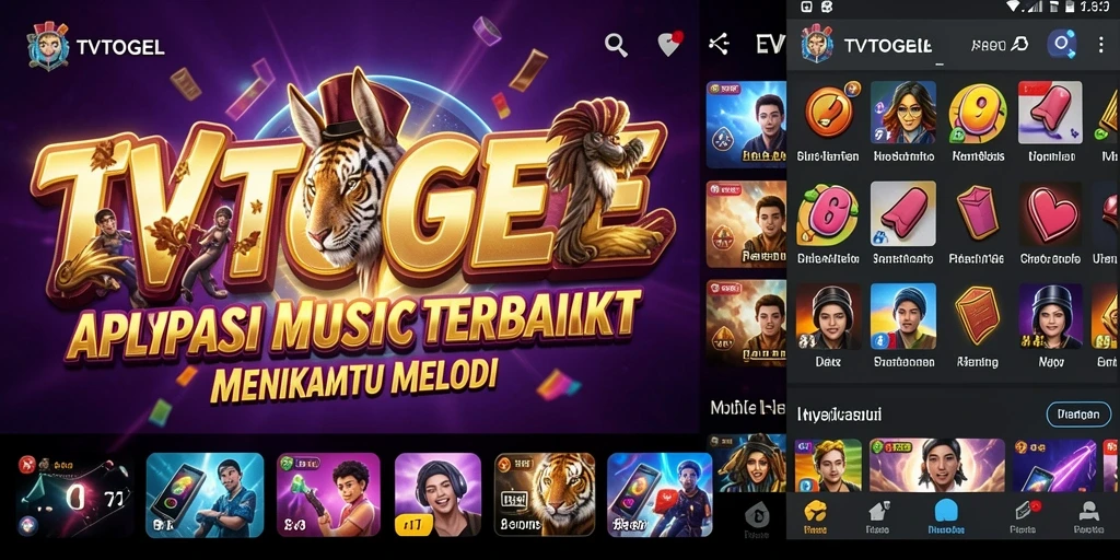 Tampilan antarmuka aplikasi TVTOGEL dengan banyak pilihan musik.